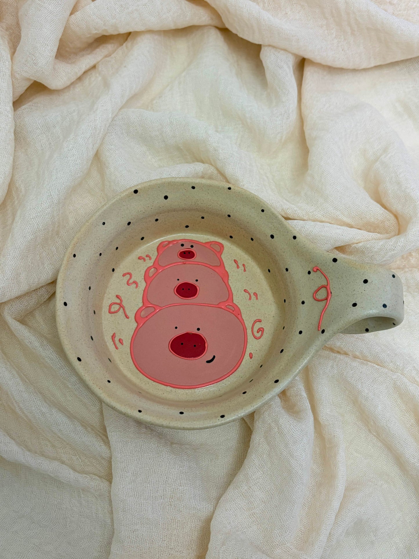 Handmade cute pink bear ceramic bowl with handle, speckled design aesthetic tableware