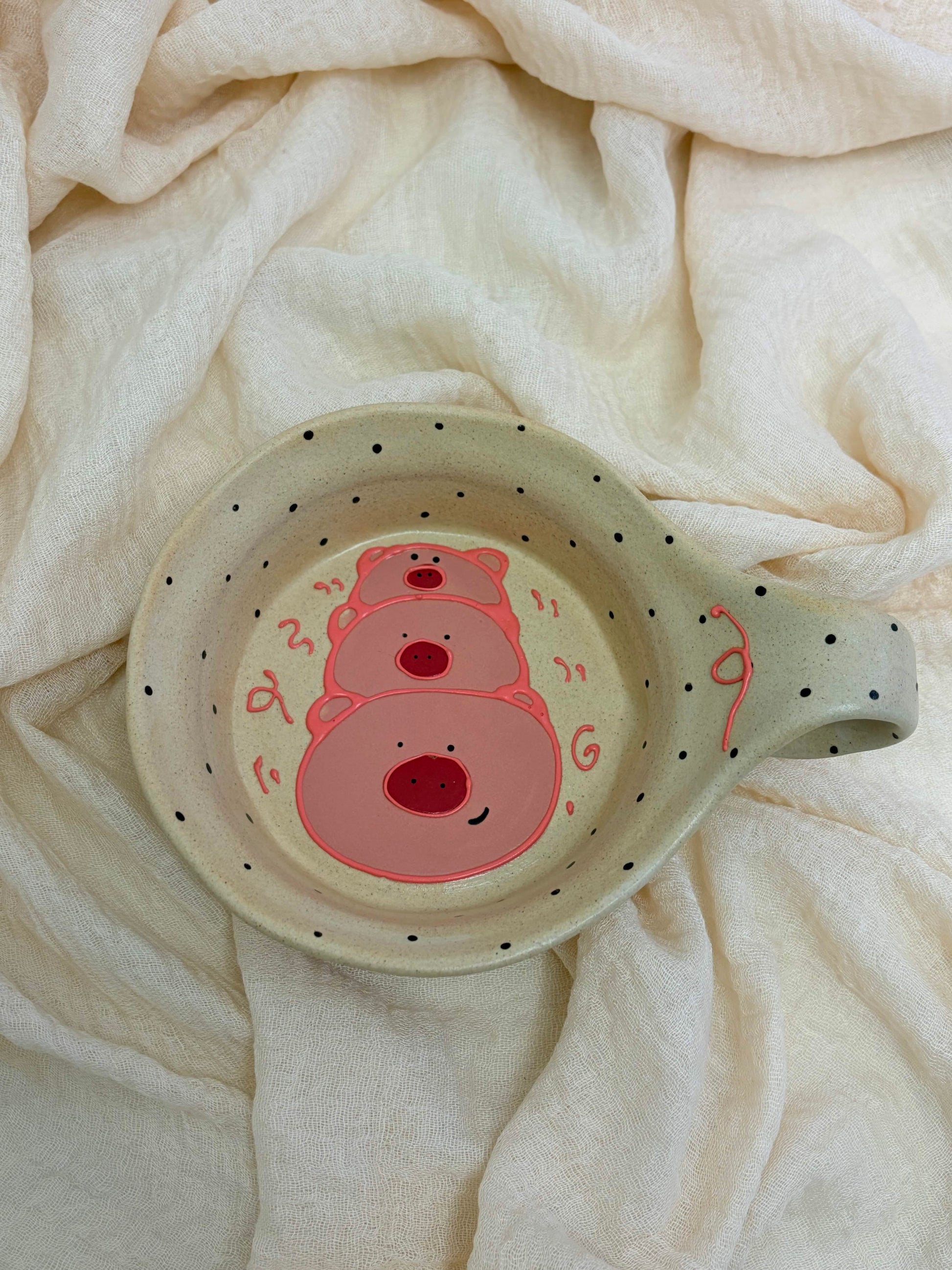 Handmade cute pink bear ceramic bowl with handle, speckled design aesthetic tableware
