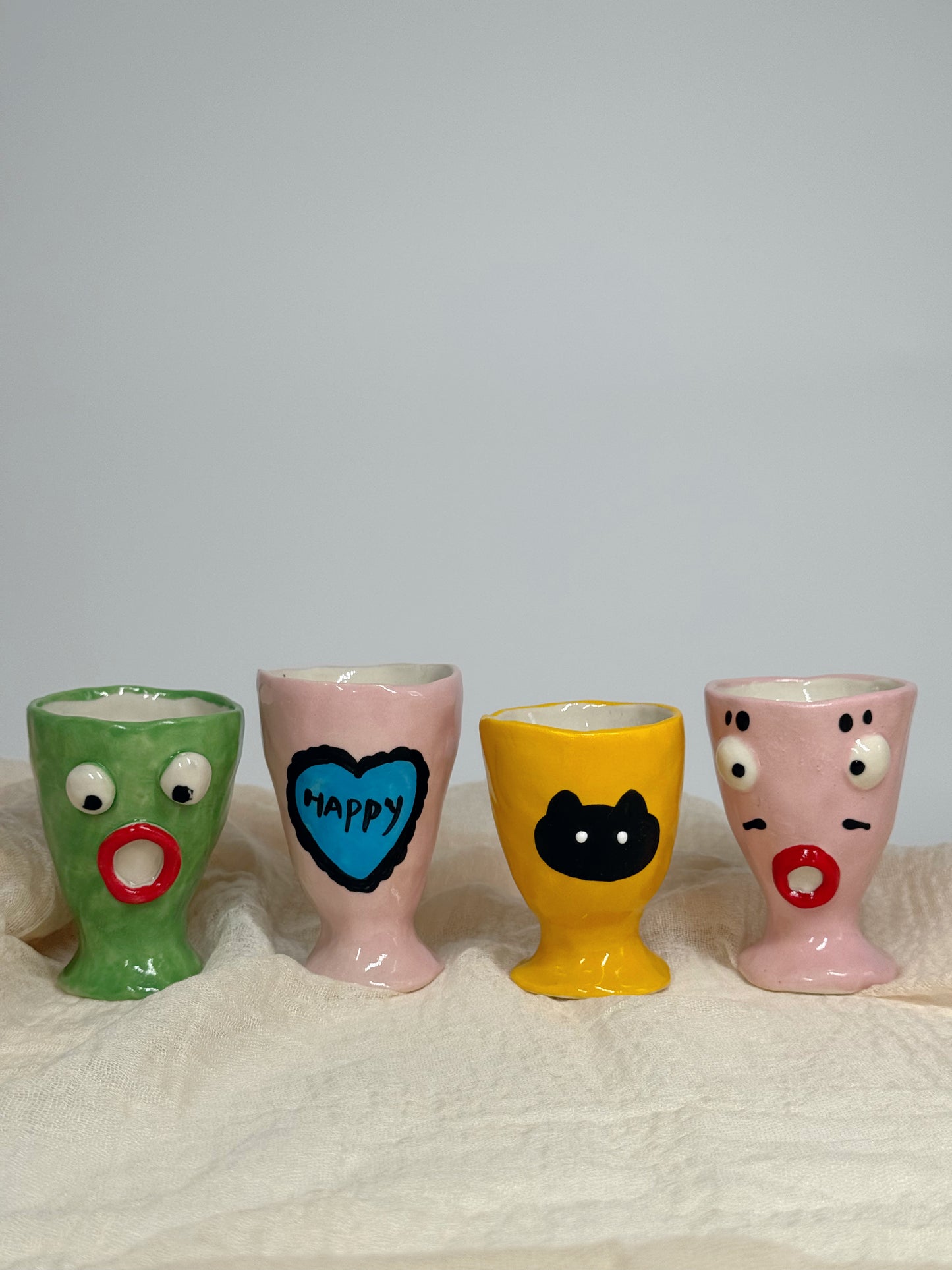 Handmade Funny Green Face Ceramic Wine Glasses